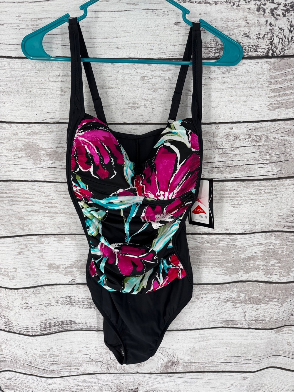 Maxine of Hollywood Black One-Piece Swimsuit with Fuchsia & Teal Floral Print